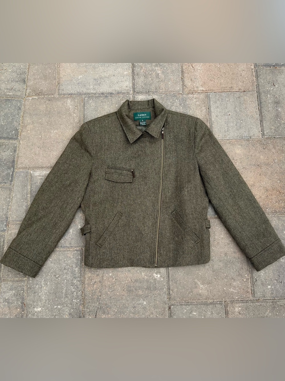 Lauren Ralph Lauren 100% Wool Moto Jacket Size 10 Olive Green Tweed Woolmark